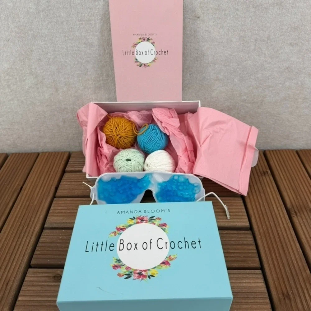 Amanda Bloom Little Box of Crochet Kit Yarn Teal Pink White Eye Mask and Journal